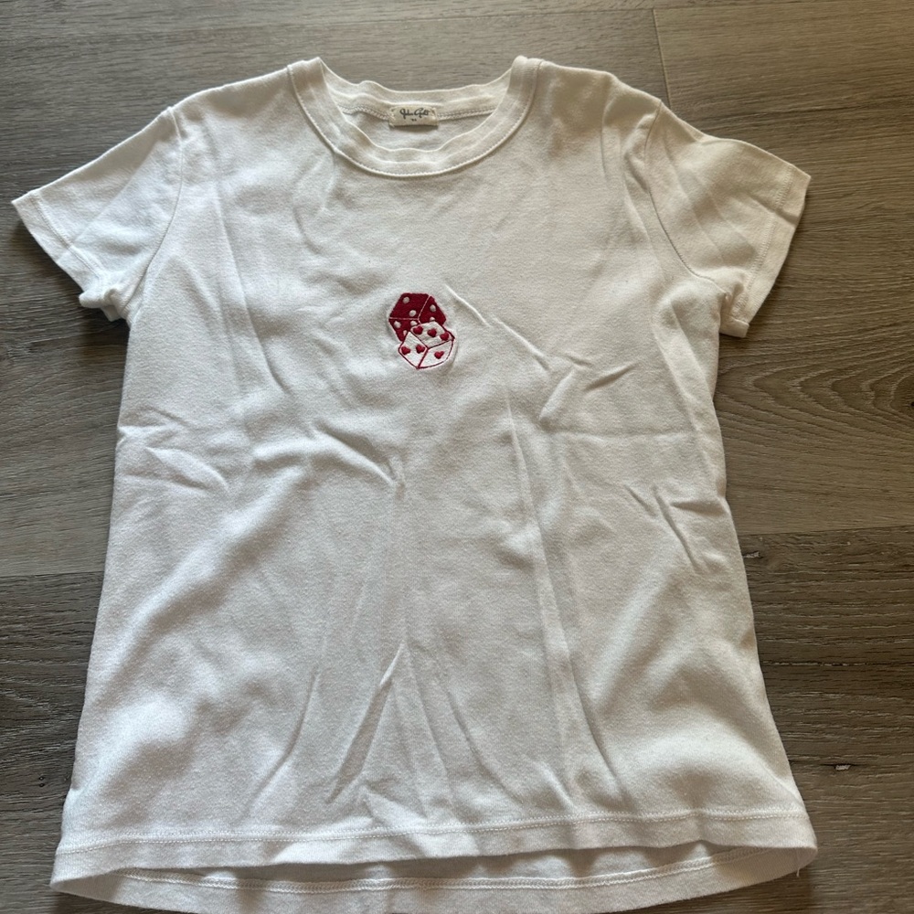 Brandy Melville White and Red Embroidered Dice Tee